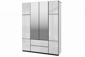 Шкаф 4-х дверный Палермо 02 с ящиками и зеркалом Белый гладкий шелк/Черный гладкий шелк в Ревде - revda.mebel-74.com | фото